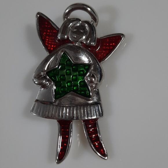 Christmas Angel Pin‎ Brooch Silver Tone with Red & Green Enamel Accents - Picture 4 of 9